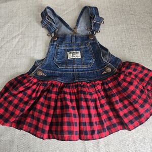OshKosh B'gosh Denim Bib Overall Dress with Red and Black Plaid Skirt